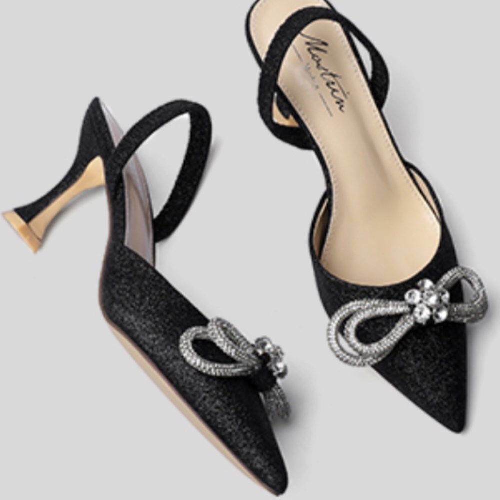 Amazon Mostrin Black Sparkly Party Heels Rhinestone Bow 40 NEW
